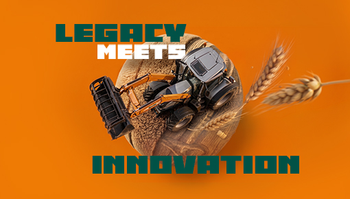 Orange background with a tractor on a round hay bale beside wheat ears and bold text 'LEGACY MEETS INNOVATION'