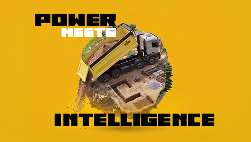 Yellow background with a tipped yellow dump truck unloading soil onto a small construction site globe.